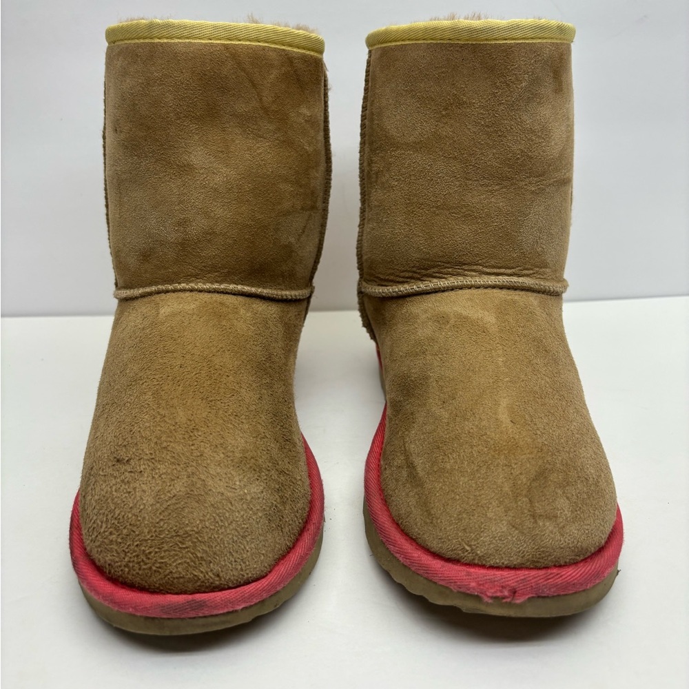 Ugg Tan Suede Winter Boots with Pink Trim, SZ 6 women’s, box 34